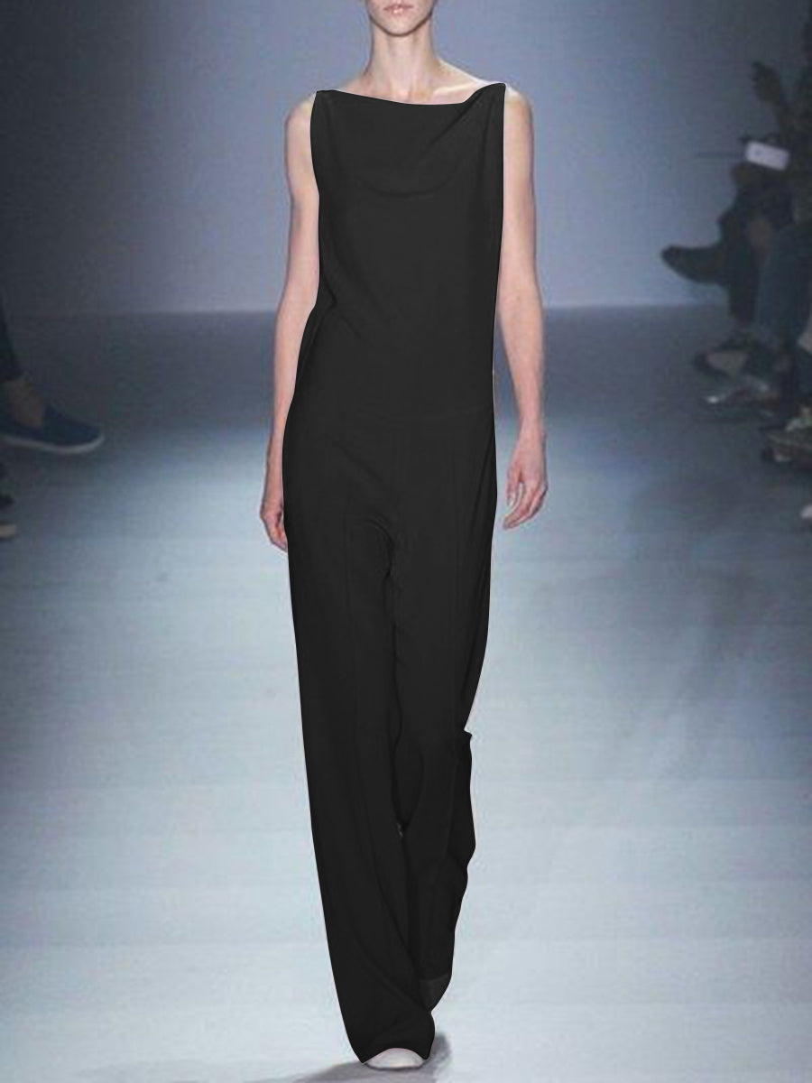 Casual Solid Color Sleeveless Round Neck Jumpsuit