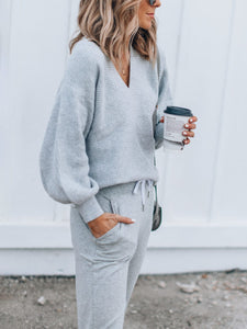 Casual Loose V Neck Blouse Pants Knit Suit