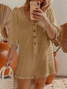 V-neck Short Sleeve Solid Color Jumpsuit