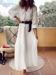 Fashionable Solid Color V-neck Casual Dress