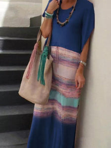 Solid Color Stitching Printed Short-sleeved Casual Dress