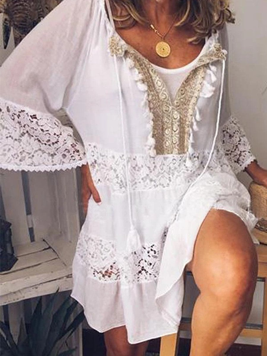 Leisure Solid Color Openwork Dress