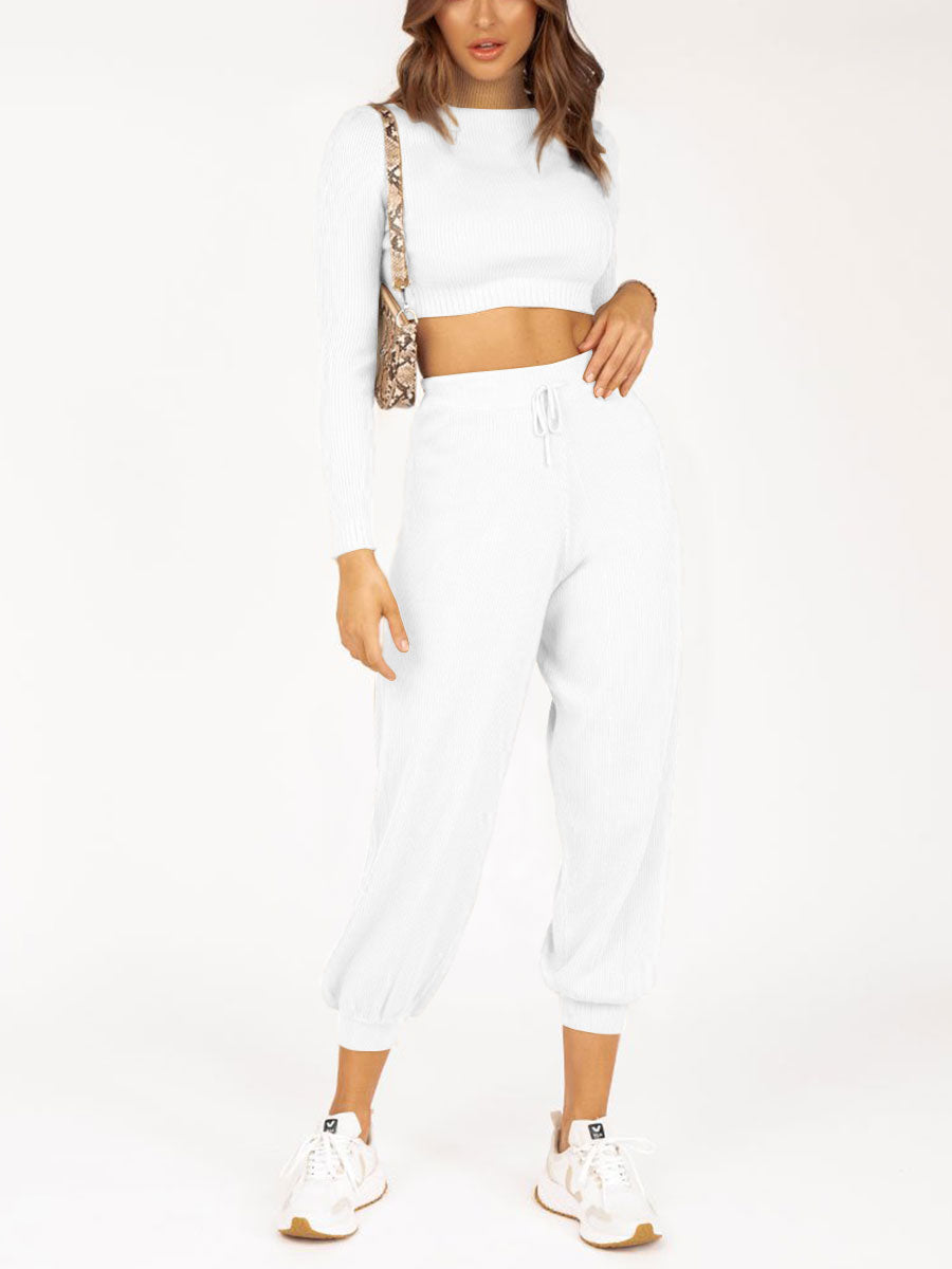 Long Sleeve Cropped Top and Loose Trousers Suit