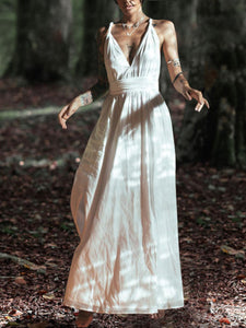 Pure Color High Waist Deep V-neck Sexy Backless Casual Maxi Dress