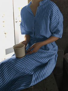 Lapel Long Sleeve Striped Casual Shirt Dress