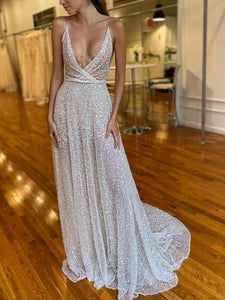 Fashion Sexy Sequin Suspenders Deep V-neck Mopping Evening Dress