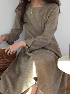 Casual Loose Round Neck Solid Color Long Sleeve Dress