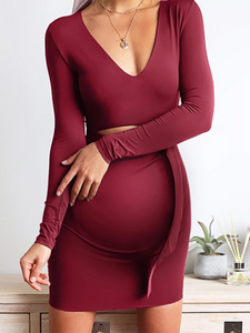 Maternity Casual Deep V-Neck Long Sleeve Pure Color Tight Dress