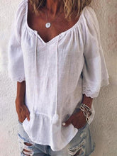 Load image into Gallery viewer, V Neck Solid Cutout Lace Paneled Tassel Blouses
