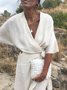 Casual Solid Color V-neck Tunic Dress