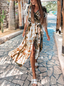 Tie-dyed V-neck High Waist Casual Dress