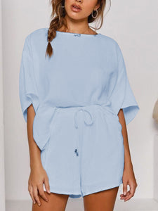 Fashionable Simple Casual Loose Lounge Short Sleeve Top Shorts Set