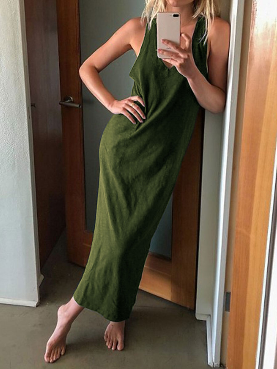 Retro Casual Solid Color V-neck Sleeveless Dress