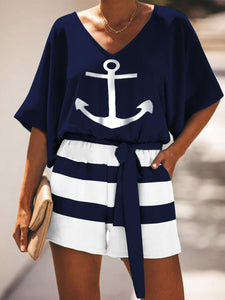 Casual Loose V-Neck Top Striped Shorts Suit