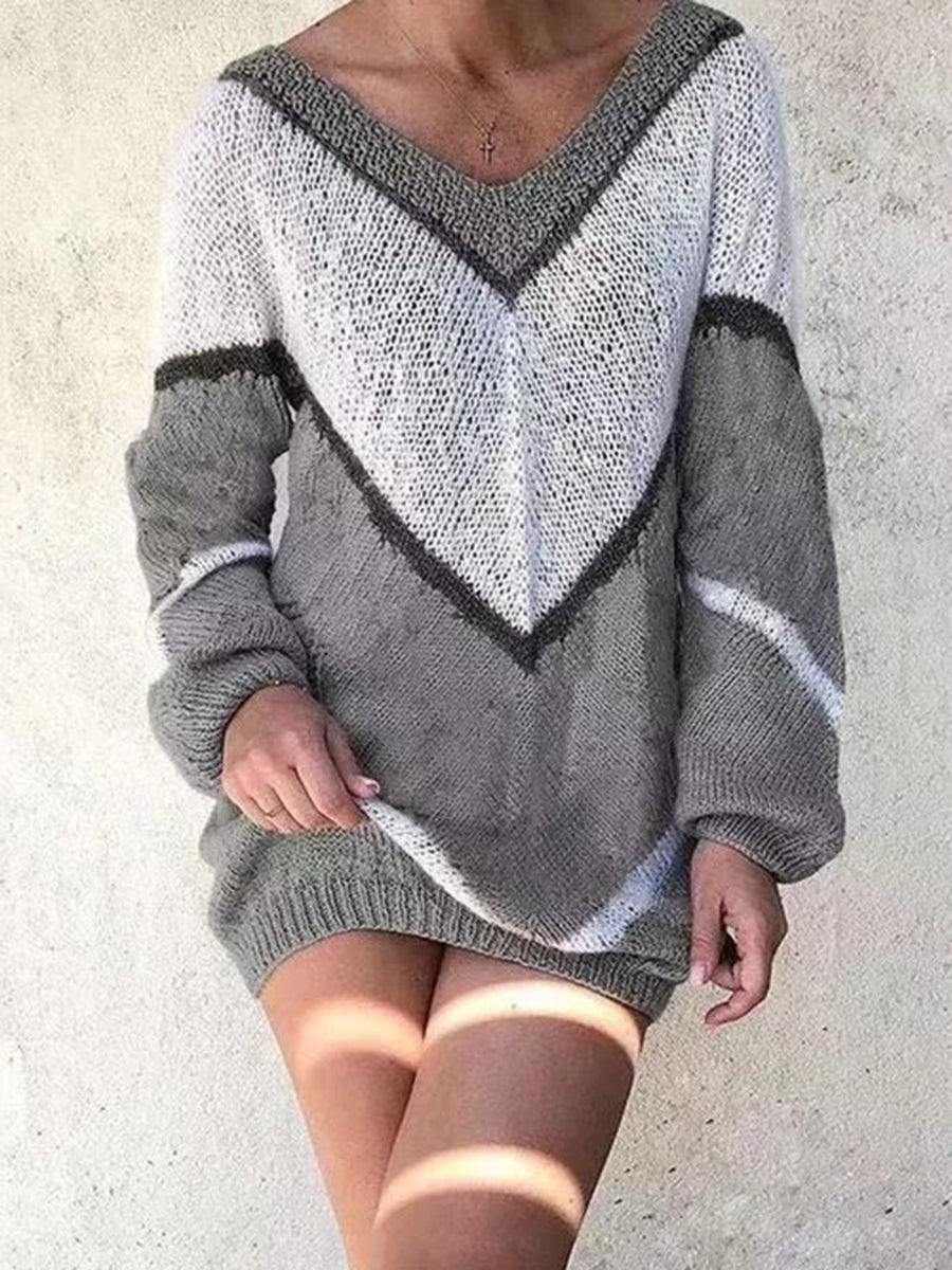 V-Neckline Color Block Casual Loose Regular Shift Sweaters