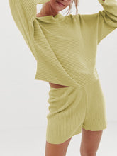 Load image into Gallery viewer, Mix Match Knitted Rib Off Shoulder Long Sleeve Top Shorts Two-Piece
