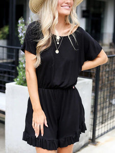 Pure Color Round Neck Casual Jumpsuit Ruffled Romper
