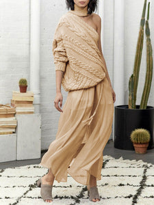 Hemp Pattern High Neck One-shoulder Casual Sweater