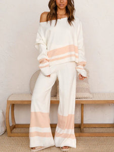 Fashion Casual Round Neck Striped Two-piece Suit