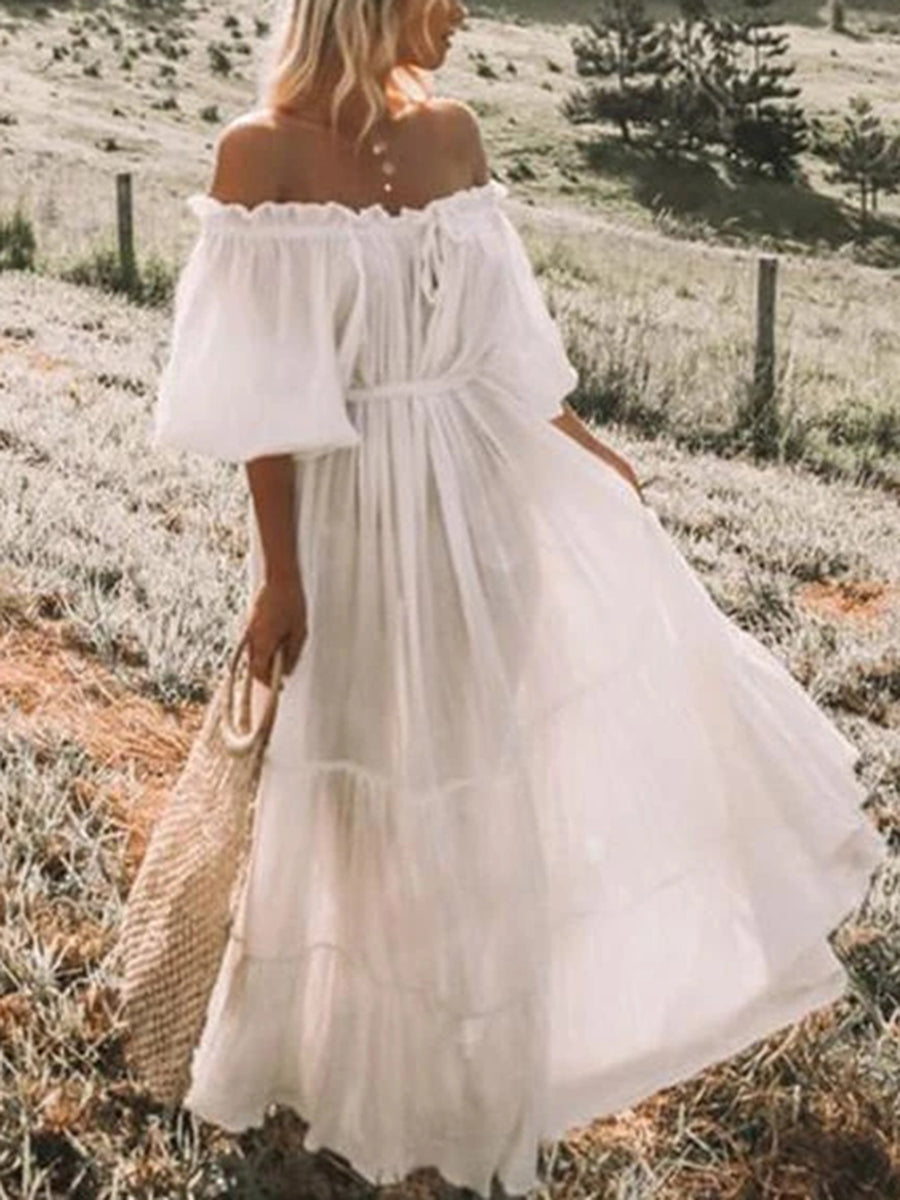 Bohemian Solid Color Off-the-shoulder  Maxi Dress