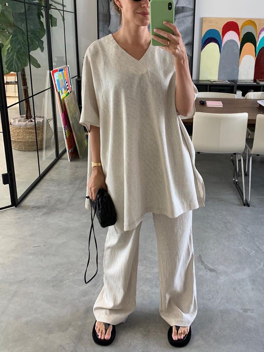 Spring Autumn Pure Color Loose Top Pants Two-piece Suit