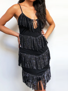 Fashion Black Layered Tassel Evening Dress