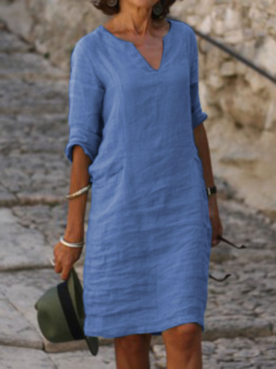 Fashionable Solid Color V-neck Casual Dress