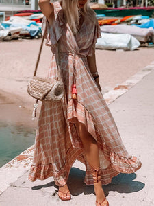 V-neck Ruffled Printed Maxi Dresses