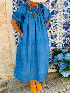 Casual Solid Color Puff Sleeve Round Neck Dress