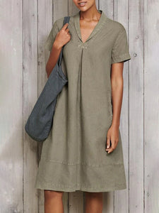 Lapel Solid Color Side Pocket Casual Dress