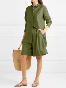 Casual Long Sleeve Button Tops Shorts with Pocket Two-Piece Women's Suit