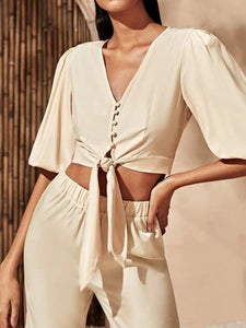 Women's Neckline Knotted Crop Top and Loose Trouser Suits