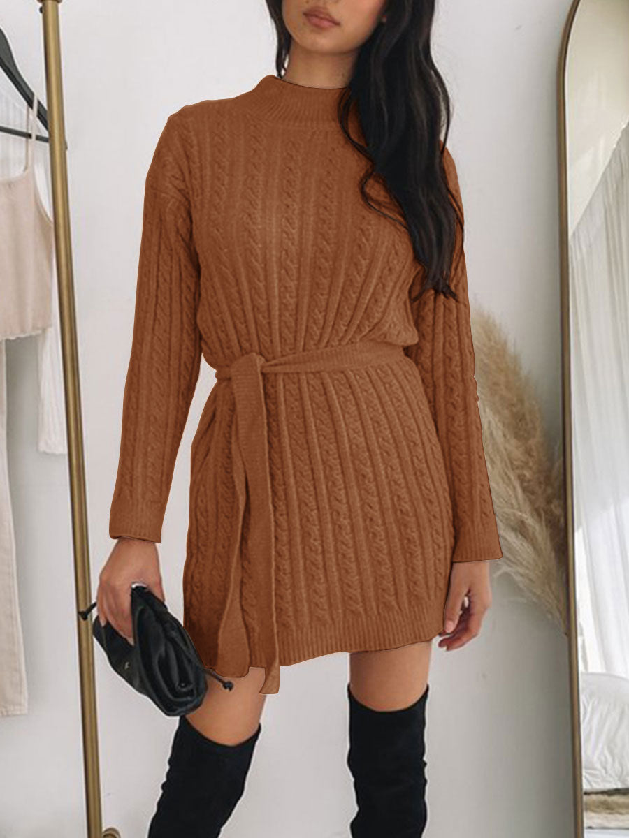 Casual Solid Color Round Neck Wool Dress