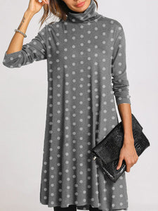 Simple Casual Loose High Neck Long Sleeve Polka Dot Dress