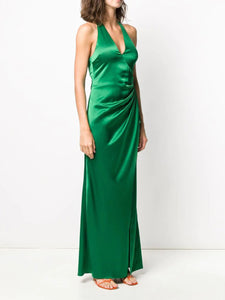 Solid Color V-neck Halter Neck Split Evening Dress