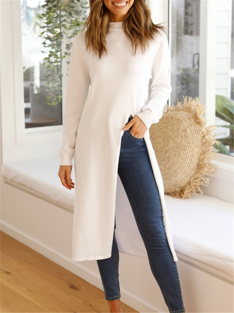 Round Neck Long Sleeve Split Shirt