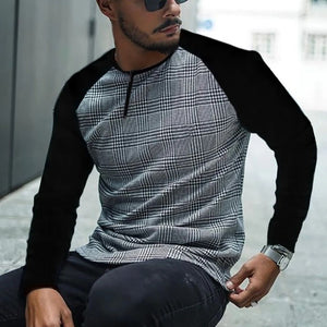 Men'S Fashion Patchwork Plaid Long Sleeve T-Shirt
