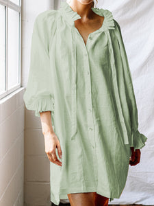 V-neck Button-style Solid Color Shirt Dress
