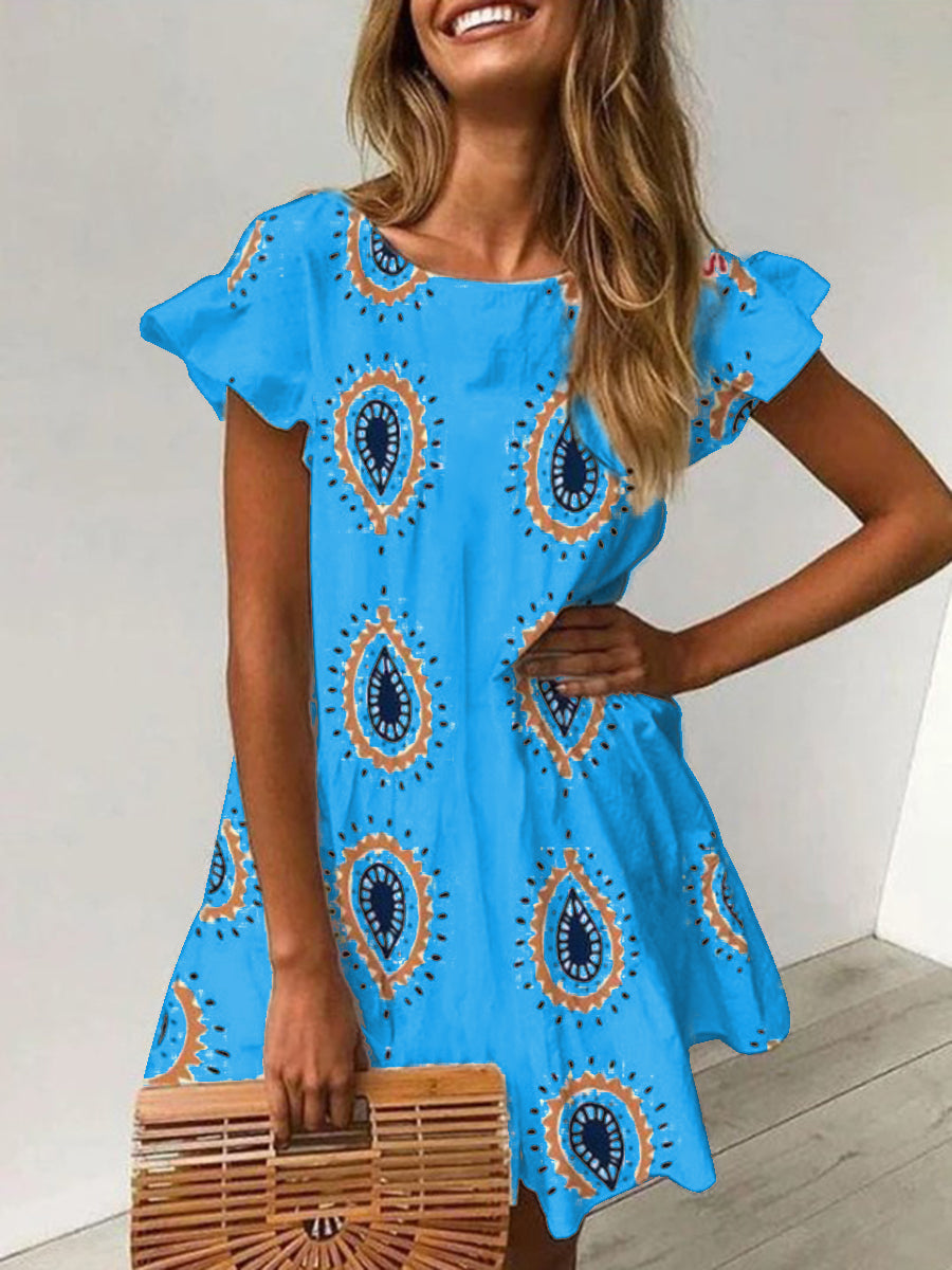 Round Neck Bohemian Print Ruffled Dress