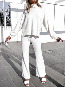 Simple Casual Loose High Neck Top Pants Knit Suit