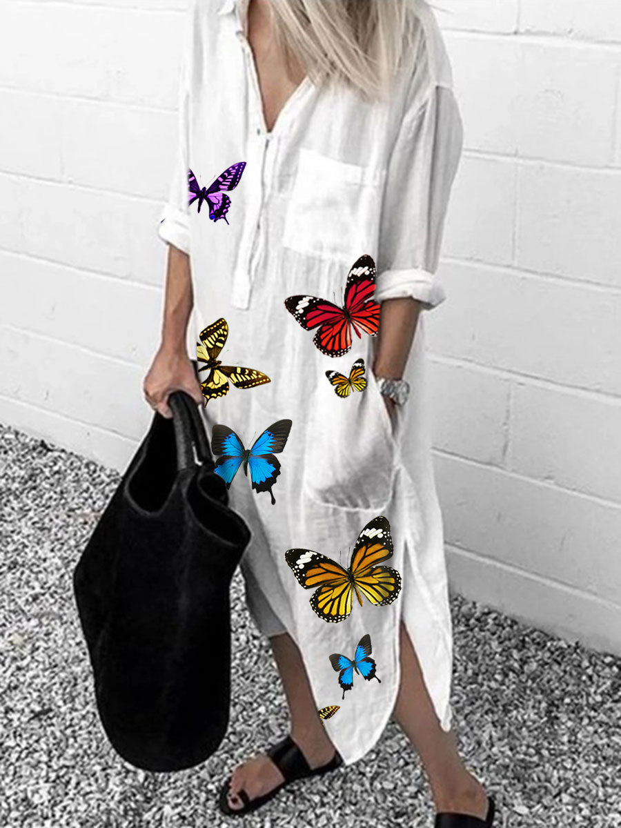 Fashion Butterfly Print Long Sleeve Split Dress