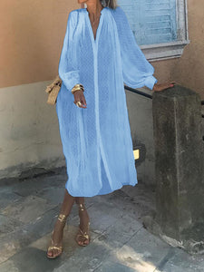 Deep V-neck Lantern Sleeve Polka Dot Loose Casual Dress