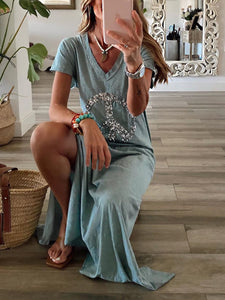 Holiday Printed V-neck Casual Short Sleeve Dress