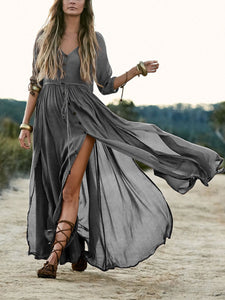 Vintage V-neck Button High Waist Split Maxi Dress