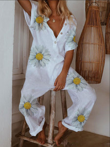 Casual Button Daisy Print Jumpsuit