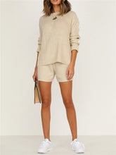 Load image into Gallery viewer, Simple Casual Loose Round Neck Long Sleeve Top Shorts Knitted Suit
