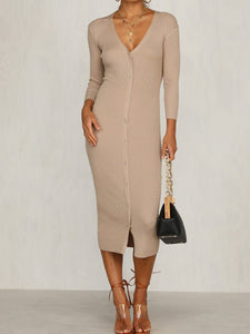 Sexy Solid Color V-neck Button Long Sleeve Dress