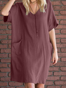 Fashionable Solid Color V-neck Dress