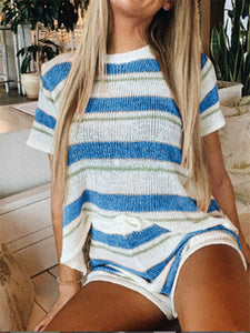 Casual Loose Striped Short Sleeve Top Shorts Two-Piece Suit