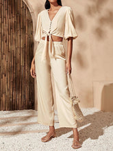 Load image into Gallery viewer, Women&#39;s Neckline Knotted Crop Top and Loose Trouser Suits
